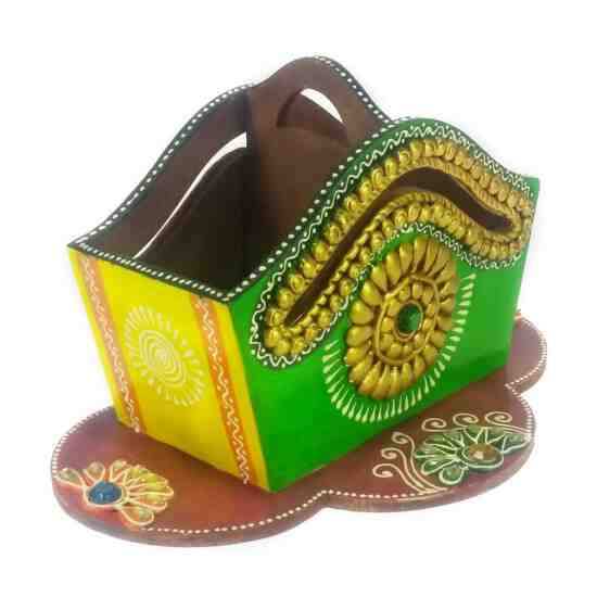 Exquisite Wooden Basket Cutlery Stand With 2 Sections For Spoons And Forks